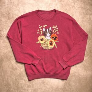 Vintage 90s Cat Basket Sweatshirt Floral Fall Foliage Red Cottagecore Cabincore